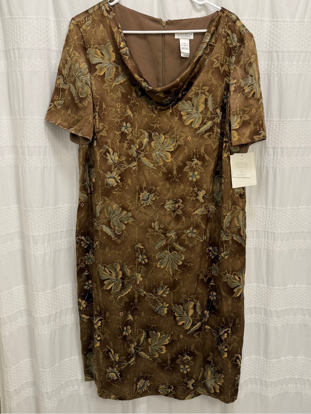 NWT Elisabeth by Liz Claiborne 100% Silk Dress Brown Floral Women 14W Cowl Neck